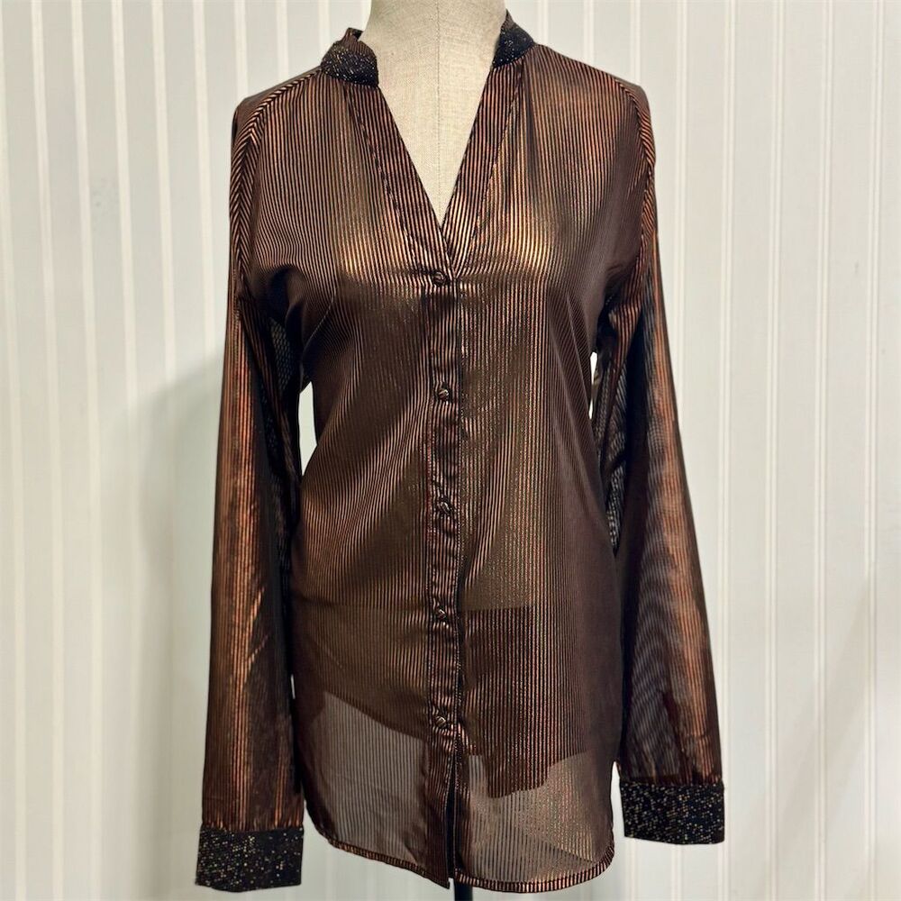 NÜ Denmark Blouse L Bronze Metallic Striped Sheer Button Up Sequin Cuff Holiday